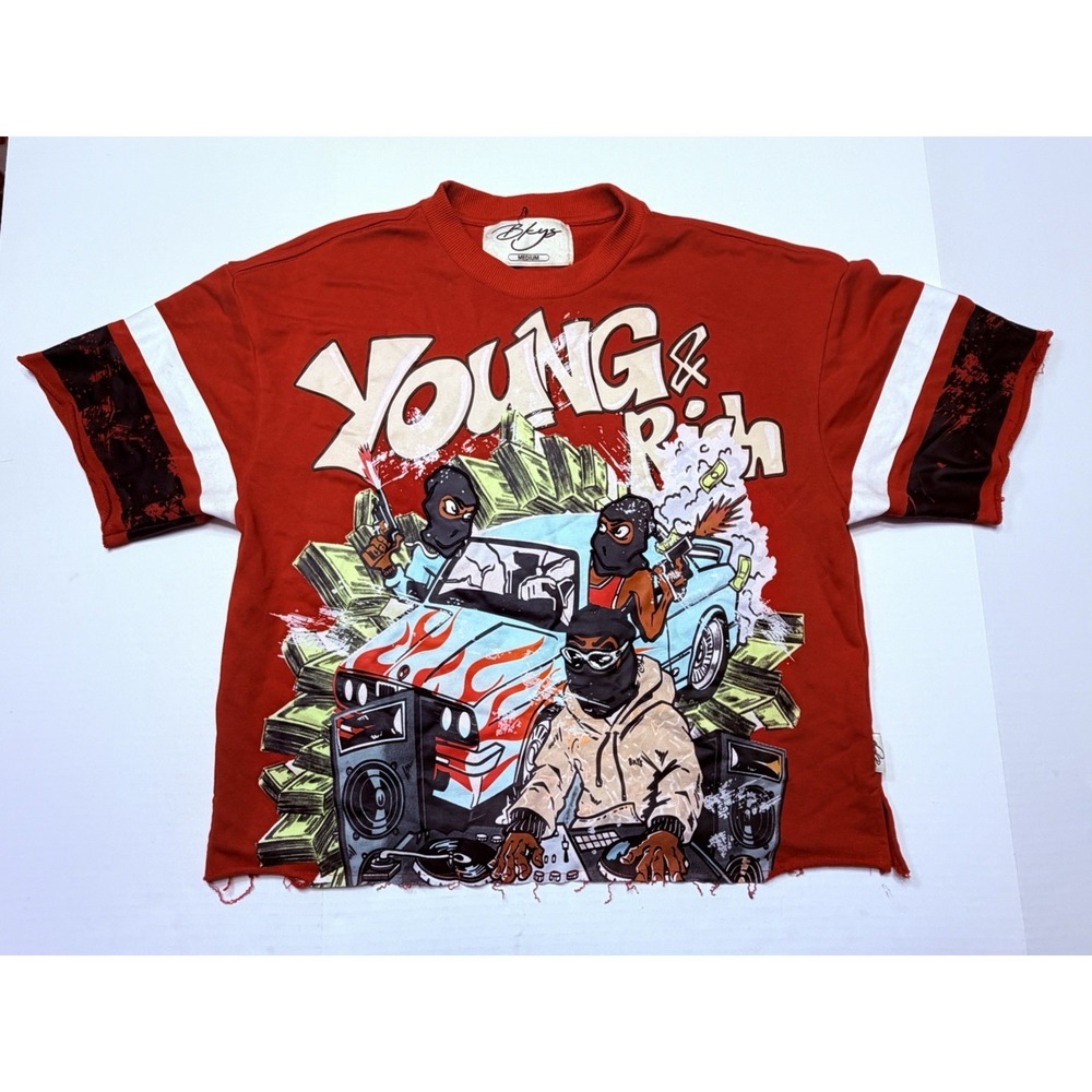 Y2K Style BKYS Young & Rich Graphic T Shirt Men's Medium Red Streetwear Cropped